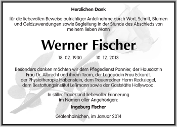 Traueranzeige von Werner Fischer von Mitteldeutsche Zeitung Wittenberg