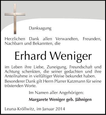 Traueranzeige von Erhard Weniger von Mitteldeutsche Zeitung Merseburg/Querfurt