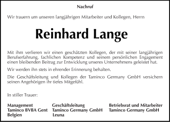 Traueranzeige von Reinhard Lange von Mitteldeutsche Zeitung