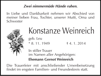 Traueranzeige von Konstanze Weinreich von Mitteldeutsche Zeitung Halle/Saalkreis