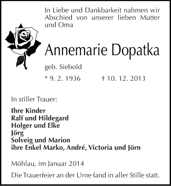 Traueranzeige von Annemarie Dopatka von Mitteldeutsche Zeitung Wittenberg