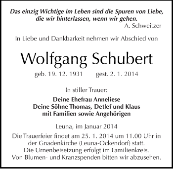 Traueranzeige von Wolfgang Schubert von Mitteldeutsche Zeitung Merseburg/Querfurt