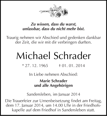Traueranzeige von Michael Schrader von Mitteldeutsche Zeitung Mansfelder Land