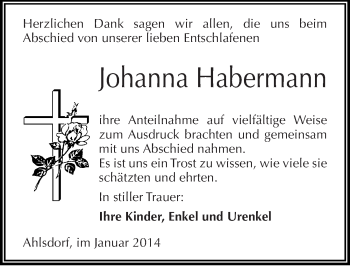 Traueranzeige von Johanna Habermann von Mitteldeutsche Zeitung Mansfelder Land