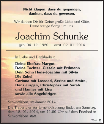 Traueranzeige von Joachim Schunke von Mitteldeutsche Zeitung Weißenfels