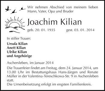 Traueranzeige von Joachim Kilian von Mitteldeutsche Zeitung Aschersleben
