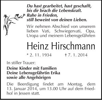 Traueranzeige von Heinz Hirschmann von Mitteldeutsche Zeitung Wittenberg