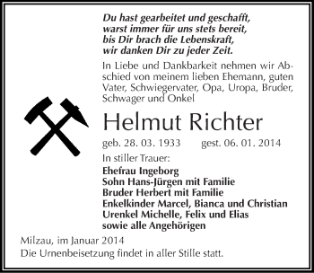Traueranzeige von Helmut Richter von Mitteldeutsche Zeitung Merseburg/Querfurt
