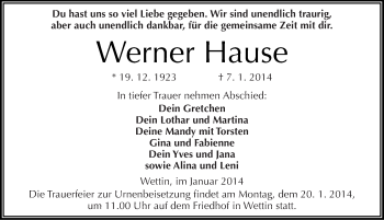 Traueranzeige von Werner Hause von Mitteldeutsche Zeitung Halle/Saalkreis