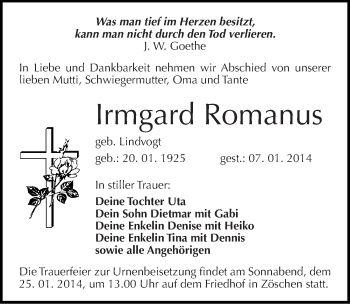 Traueranzeige von Irmgard Romanus von Mitteldeutsche Zeitung Merseburg/Querfurt