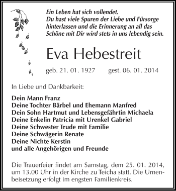 Traueranzeige von Eva Hebestreit von Mitteldeutsche Zeitung Halle/Saalkreis