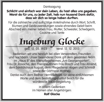Traueranzeige von Ingeburg Glocke von Mitteldeutsche Zeitung Dessau-Roßlau