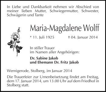 Traueranzeige von Maria-Magdalene Wolff von Mitteldeutsche Zeitung Sangerhausen