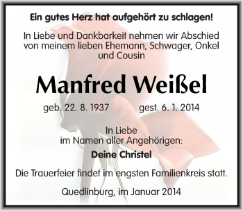 Traueranzeige von Manfred Weißel von Mitteldeutsche Zeitung Quedlinburg
