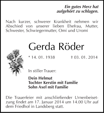 Traueranzeige von Gerda Röder von Mitteldeutsche Zeitung Halle/Saalkreis