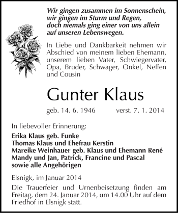 Traueranzeige von Gunter Klaus von Mitteldeutsche Zeitung Köthen