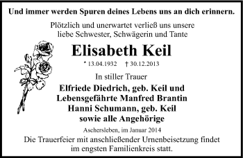 Traueranzeige von Elisabeth Keil von Mitteldeutsche Zeitung Aschersleben