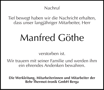 Traueranzeige von Manfred Göthe von Mitteldeutsche Zeitung Sangerhausen