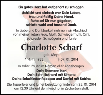 Traueranzeige von Charlotte Scharf von Mitteldeutsche Zeitung Halle/Saalkreis