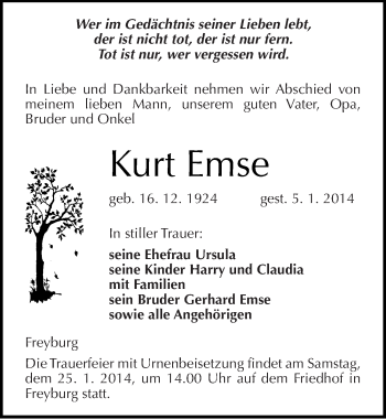 Traueranzeige von Kurt Emse von Mitteldeutsche Zeitung Naumburg/Nebra