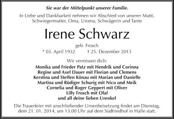 Traueranzeige von Irene Schwarz von Mitteldeutsche Zeitung Halle/Saalkreis