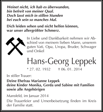 Traueranzeige von Hans-Georg Leppek von Mitteldeutsche Zeitung Mansfelder Land