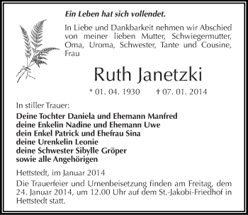 Traueranzeige von Ruth Janetzki von Mitteldeutsche Zeitung Mansfelder Land