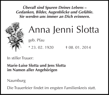 Traueranzeige von Anna Jenni Slotta von Mitteldeutsche Zeitung Naumburg/Nebra