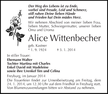 Traueranzeige von Alice Wittenbecher von Mitteldeutsche Zeitung Naumburg/Nebra