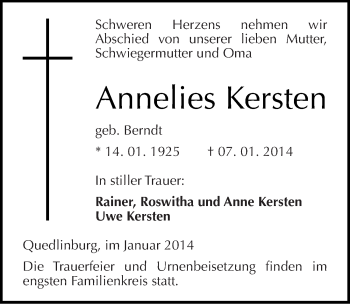 Traueranzeige von Annelies Kersten von Mitteldeutsche Zeitung Quedlinburg
