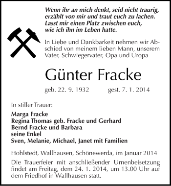 Traueranzeige von Günter Fracke von Mitteldeutsche Zeitung Sangerhausen