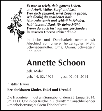 Traueranzeige von Annette Schoon von Mitteldeutsche Zeitung Mansfelder Land