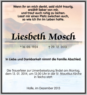 Traueranzeige von Liesbeth Mosch von Mitteldeutsche Zeitung Halle/Saalkreis