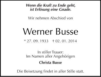 Traueranzeige von Werner Busse von Mitteldeutsche Zeitung Dessau-Roßlau