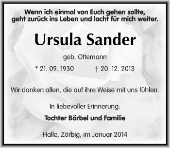 Traueranzeige von Ursula Sander von Mitteldeutsche Zeitung Bitterfeld