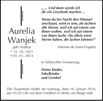 Traueranzeige von Aurelia Wanjek von Mitteldeutsche Zeitung Halle/Saalkreis