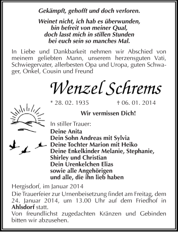 Traueranzeige von Wenzel Schrems von Mitteldeutsche Zeitung Mansfelder Land