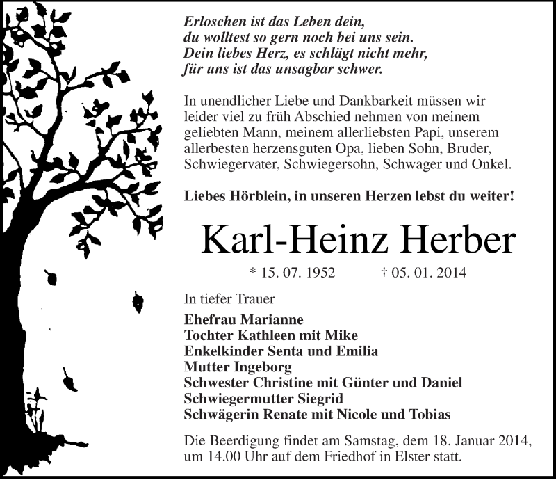  Traueranzeige für Karl-Heinz Herber vom 11.01.2014 aus Mitteldeutsche Zeitung Wittenberg