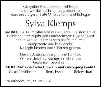 Traueranzeige von Sylva Klemps von Mitteldeutsche Zeitung Merseburg/Querfurt