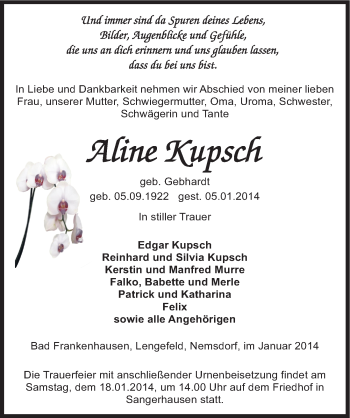 Traueranzeige von Aline Kupsch von Mitteldeutsche Zeitung Sangerhausen