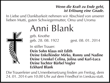 Traueranzeige von Anni Blank von Mitteldeutsche Zeitung Halle/Saalkreis
