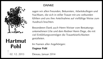 Traueranzeige von Hartmut Pohl von Mitteldeutsche Zeitung Dessau-Roßlau