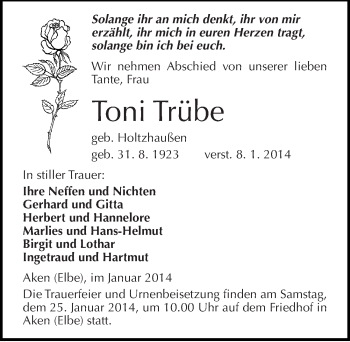 Traueranzeige von Toni Trübe von Mitteldeutsche Zeitung Köthen