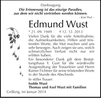 Traueranzeige von Edmund Wust von Mitteldeutsche Zeitung Köthen