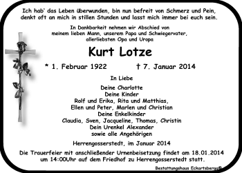 Traueranzeige von Kurt Lotze von Mitteldeutsche Zeitung Naumburg/Nebra