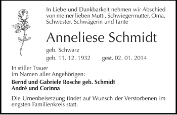 Traueranzeige von Anneliese Schmidt von Mitteldeutsche Zeitung Halle/Saalkreis