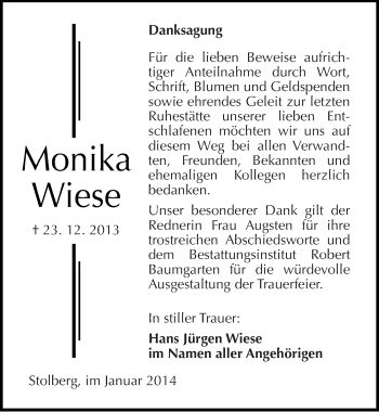 Traueranzeige von Monika Wiese von Mitteldeutsche Zeitung Sangerhausen