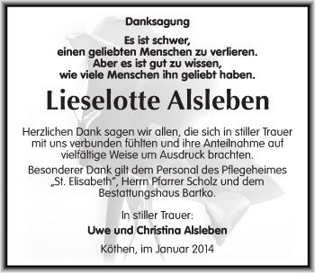 Traueranzeige von Lieselotte Alsleben von Mitteldeutsche Zeitung Köthen