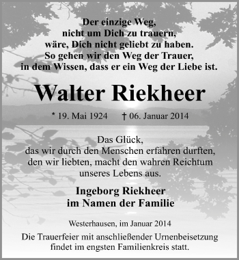 Traueranzeige von Walter Riekheer von Mitteldeutsche Zeitung Quedlinburg