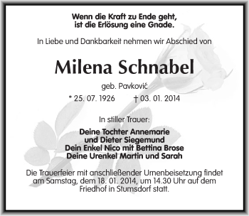 Traueranzeige von Milena Schnabel von Mitteldeutsche Zeitung